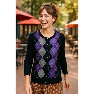 100% Cashmere Apt. 9 Women's Argyle Cardigan - Black, Purple, Gray Size S